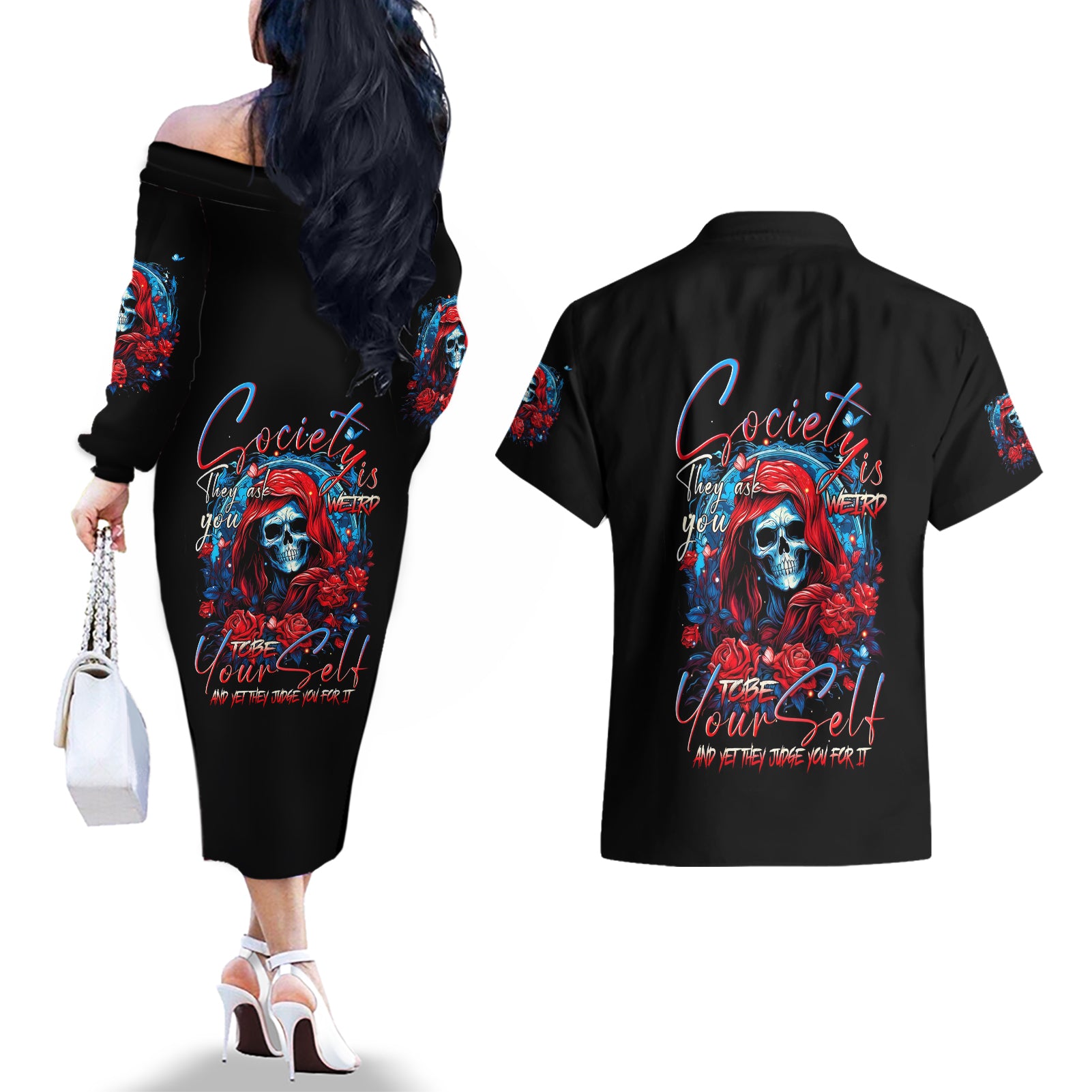 Lady Skull Couples Matching Off The Shoulder Long Sleeve Dress and Hawaiian Shirt They Ask You To Be Yourself And Yet They Judge You - Wonder Print Shop