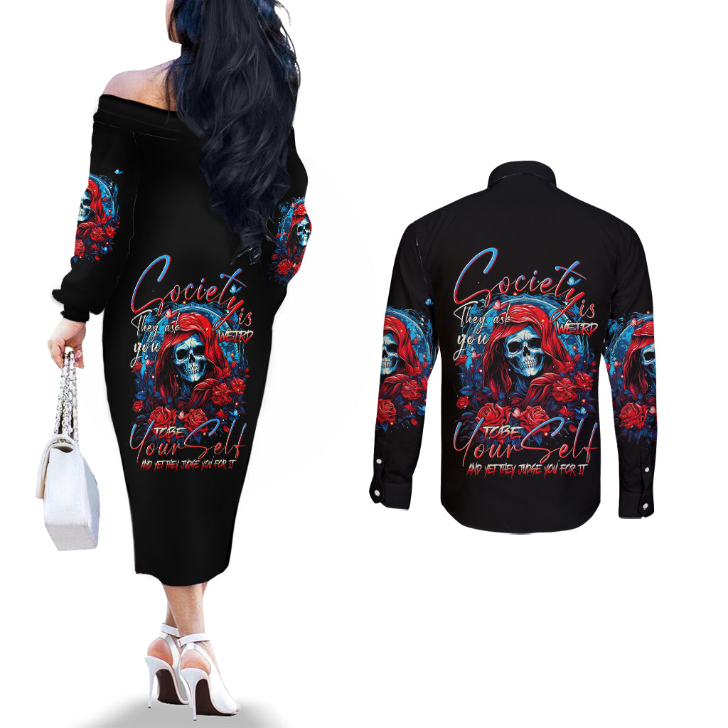 Lady Skull Couples Matching Off The Shoulder Long Sleeve Dress and Long Sleeve Button Shirt They Ask You To Be Yourself And Yet They Judge You DT01