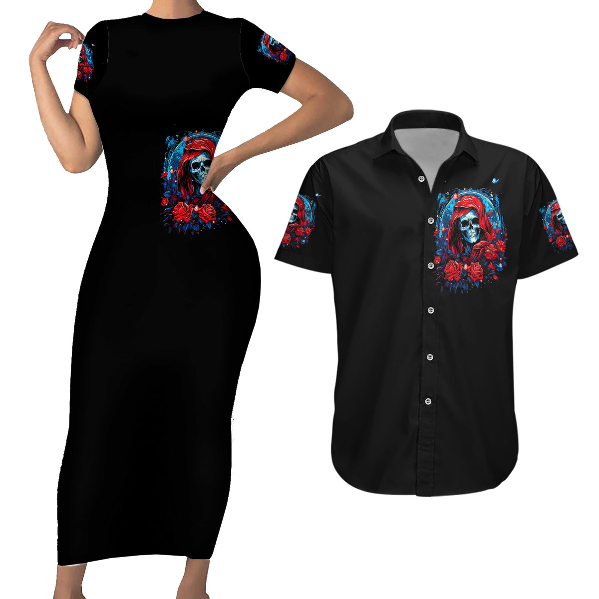 Lady Skull Couples Matching Short Sleeve Bodycon Dress and Hawaiian Shirt They Ask You To Be Yourself And Yet They Judge You - Wonder Print Shop