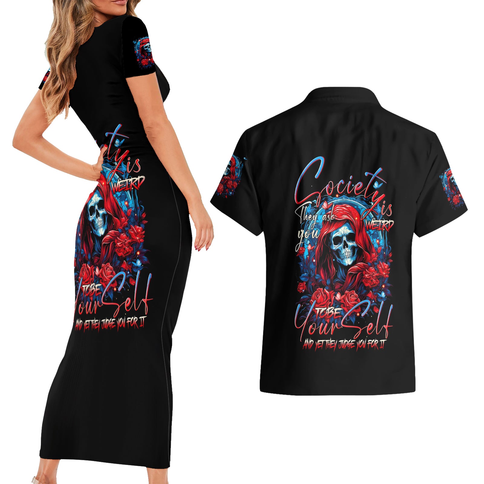 Lady Skull Couples Matching Short Sleeve Bodycon Dress and Hawaiian Shirt They Ask You To Be Yourself And Yet They Judge You - Wonder Print Shop