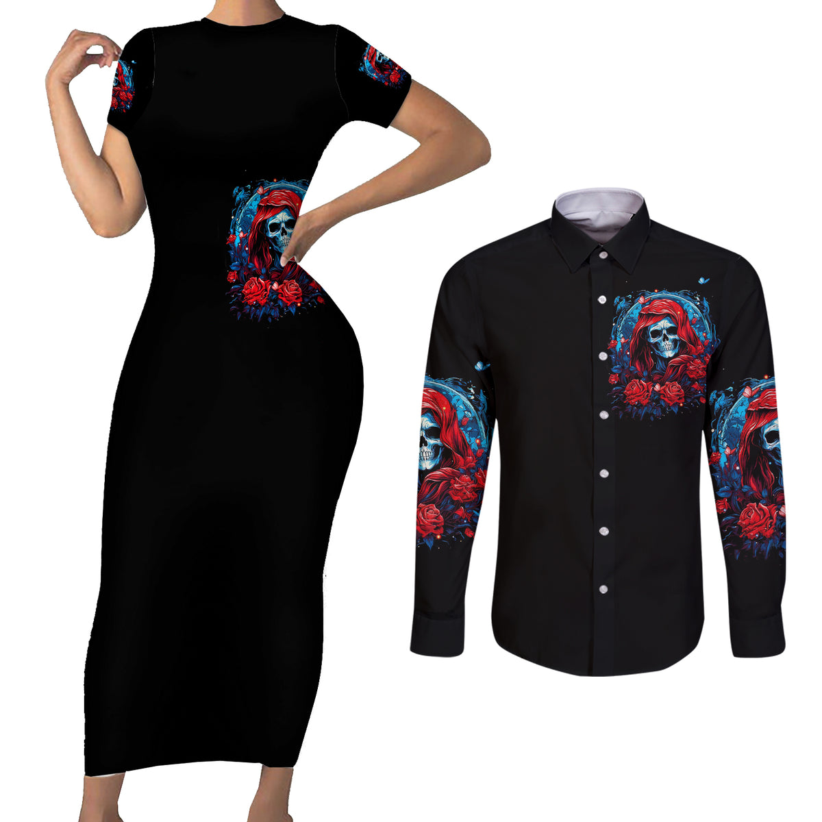 Lady Skull Couples Matching Short Sleeve Bodycon Dress and Long Sleeve Button Shirt They Ask You To Be Yourself And Yet They Judge You - Wonder Print Shop