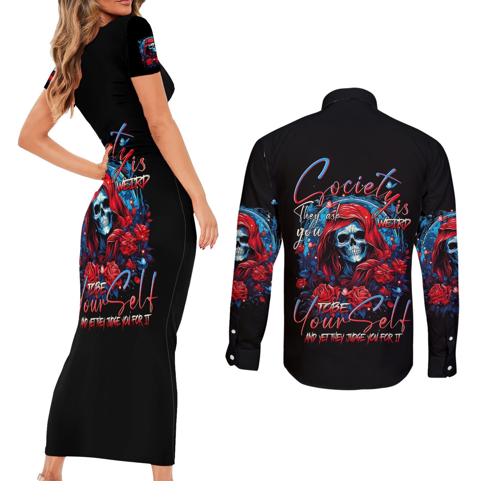 Lady Skull Couples Matching Short Sleeve Bodycon Dress and Long Sleeve Button Shirt They Ask You To Be Yourself And Yet They Judge You - Wonder Print Shop