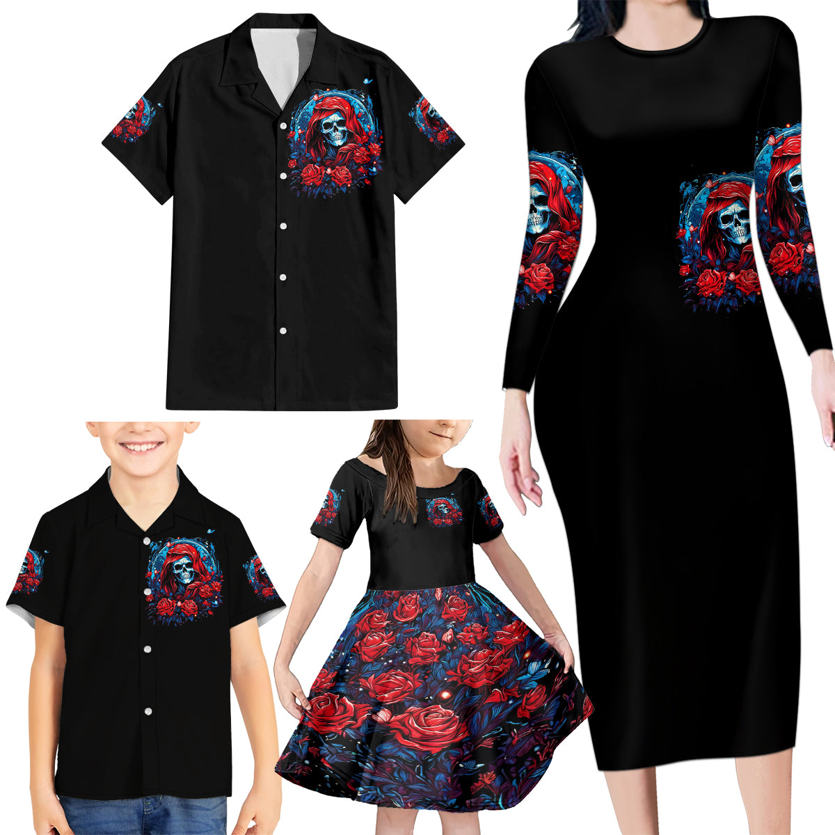 Lady Skull Family Matching Long Sleeve Bodycon Dress and Hawaiian Shirt They Ask You To Be Yourself And Yet They Judge You - Wonder Print Shop