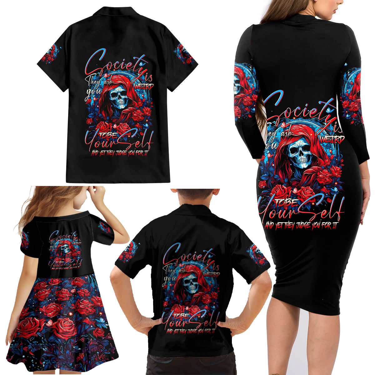 Lady Skull Family Matching Long Sleeve Bodycon Dress and Hawaiian Shirt They Ask You To Be Yourself And Yet They Judge You - Wonder Print Shop