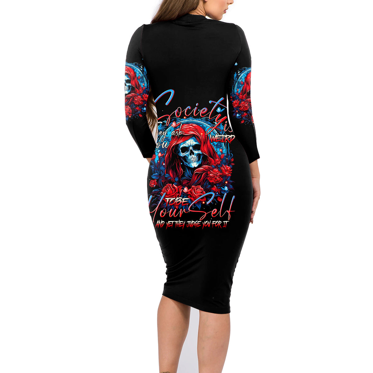 Lady Skull Family Matching Long Sleeve Bodycon Dress and Hawaiian Shirt They Ask You To Be Yourself And Yet They Judge You - Wonder Print Shop