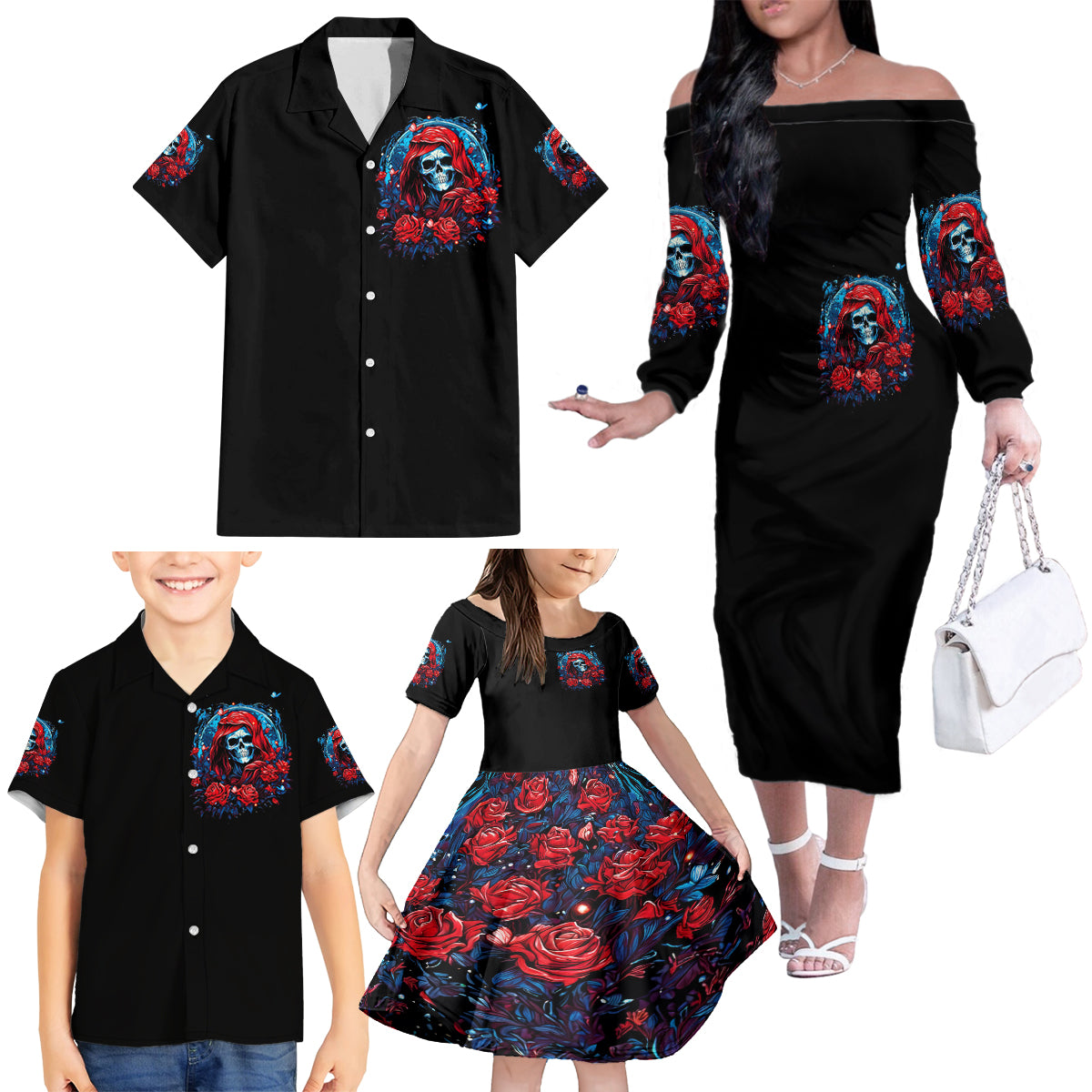 Lady Skull Family Matching Off Shoulder Long Sleeve Dress and Hawaiian Shirt They Ask You To Be Yourself And Yet They Judge You - Wonder Print Shop