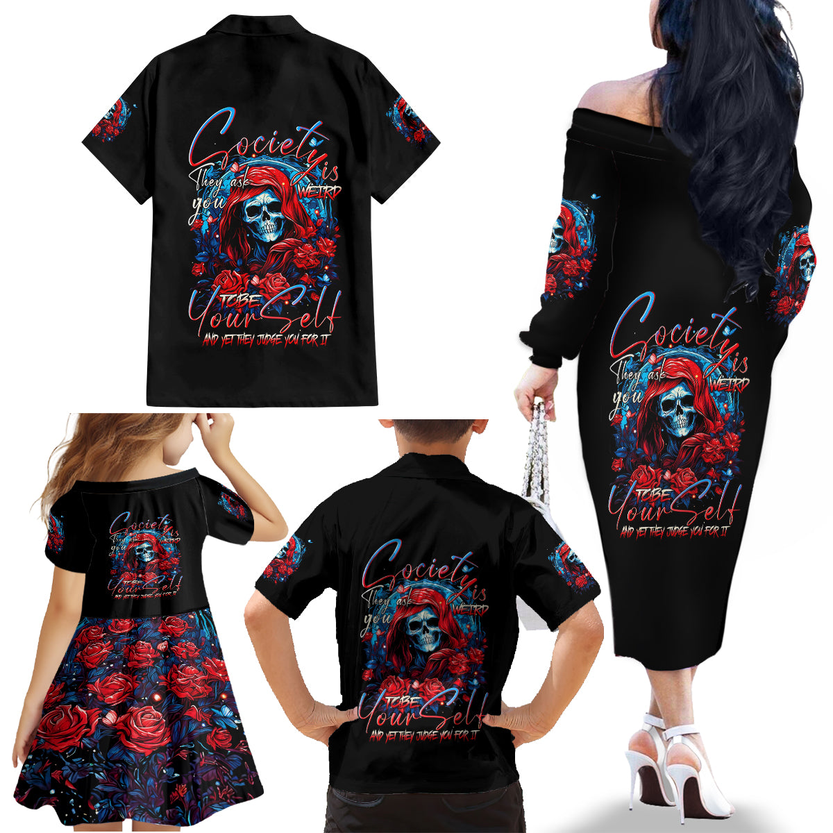 Lady Skull Family Matching Off Shoulder Long Sleeve Dress and Hawaiian Shirt They Ask You To Be Yourself And Yet They Judge You - Wonder Print Shop