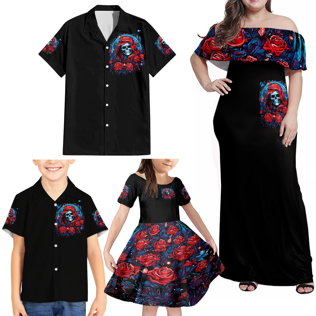 Lady Skull Family Matching Off Shoulder Maxi Dress and Hawaiian Shirt They Ask You To Be Yourself And Yet They Judge You - Wonder Print Shop