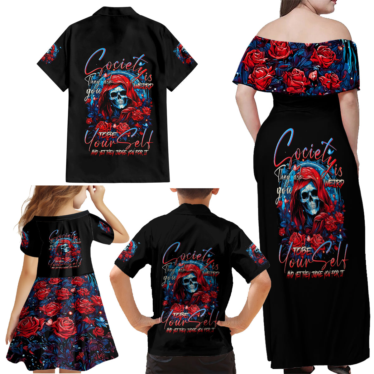 Lady Skull Family Matching Off Shoulder Maxi Dress and Hawaiian Shirt They Ask You To Be Yourself And Yet They Judge You - Wonder Print Shop