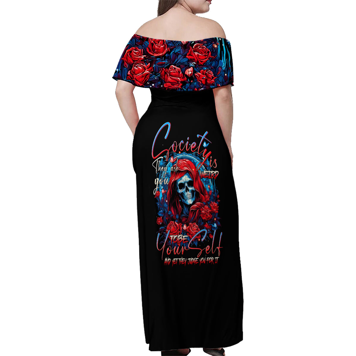 Lady Skull Family Matching Off Shoulder Maxi Dress and Hawaiian Shirt They Ask You To Be Yourself And Yet They Judge You - Wonder Print Shop