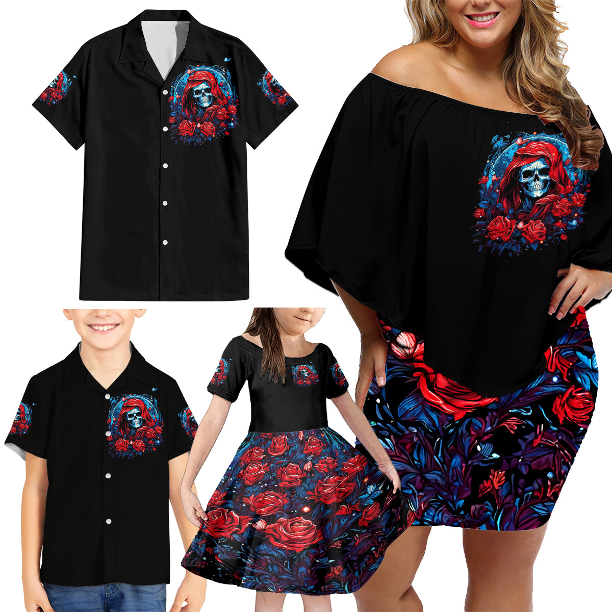 Lady Skull Family Matching Off Shoulder Short Dress and Hawaiian Shirt They Ask You To Be Yourself And Yet They Judge You - Wonder Print Shop