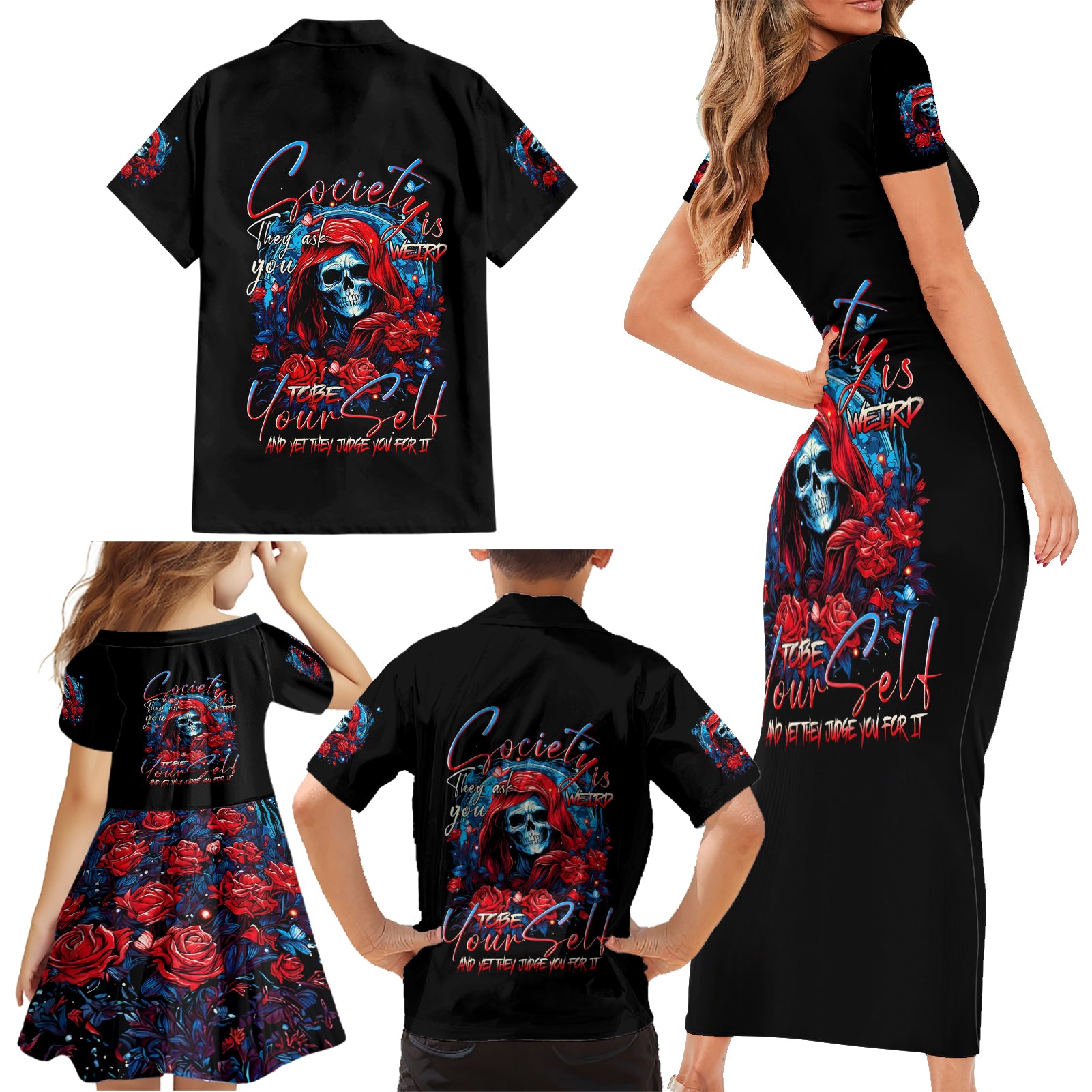 Lady Skull Family Matching Short Sleeve Bodycon Dress and Hawaiian Shirt They Ask You To Be Yourself And Yet They Judge You - Wonder Print Shop
