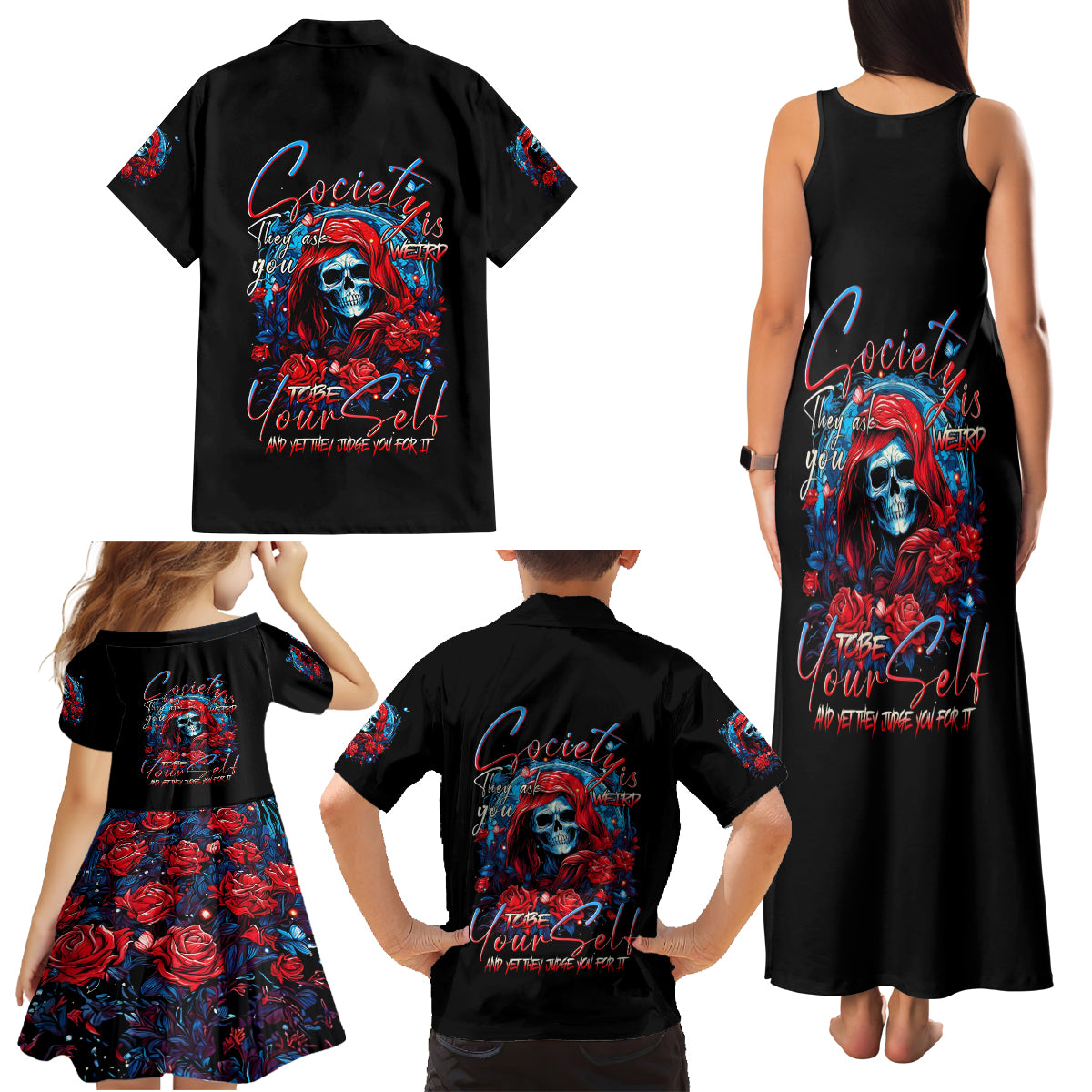 Lady Skull Family Matching Tank Maxi Dress and Hawaiian Shirt They Ask You To Be Yourself And Yet They Judge You - Wonder Print Shop