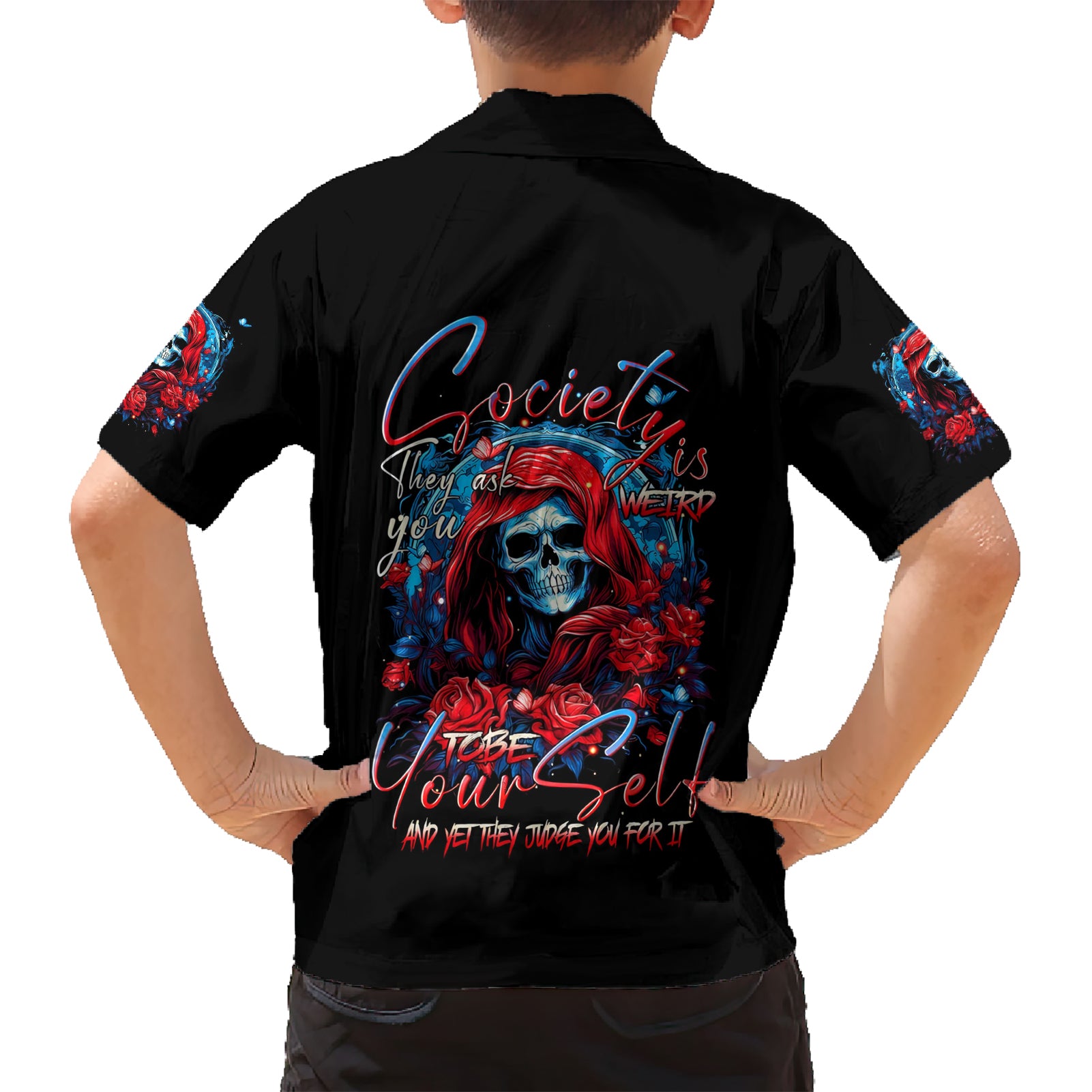 Lady Skull Kid Hawaiian Shirt They Ask You To Be Yourself And Yet They Judge You - Wonder Print Shop