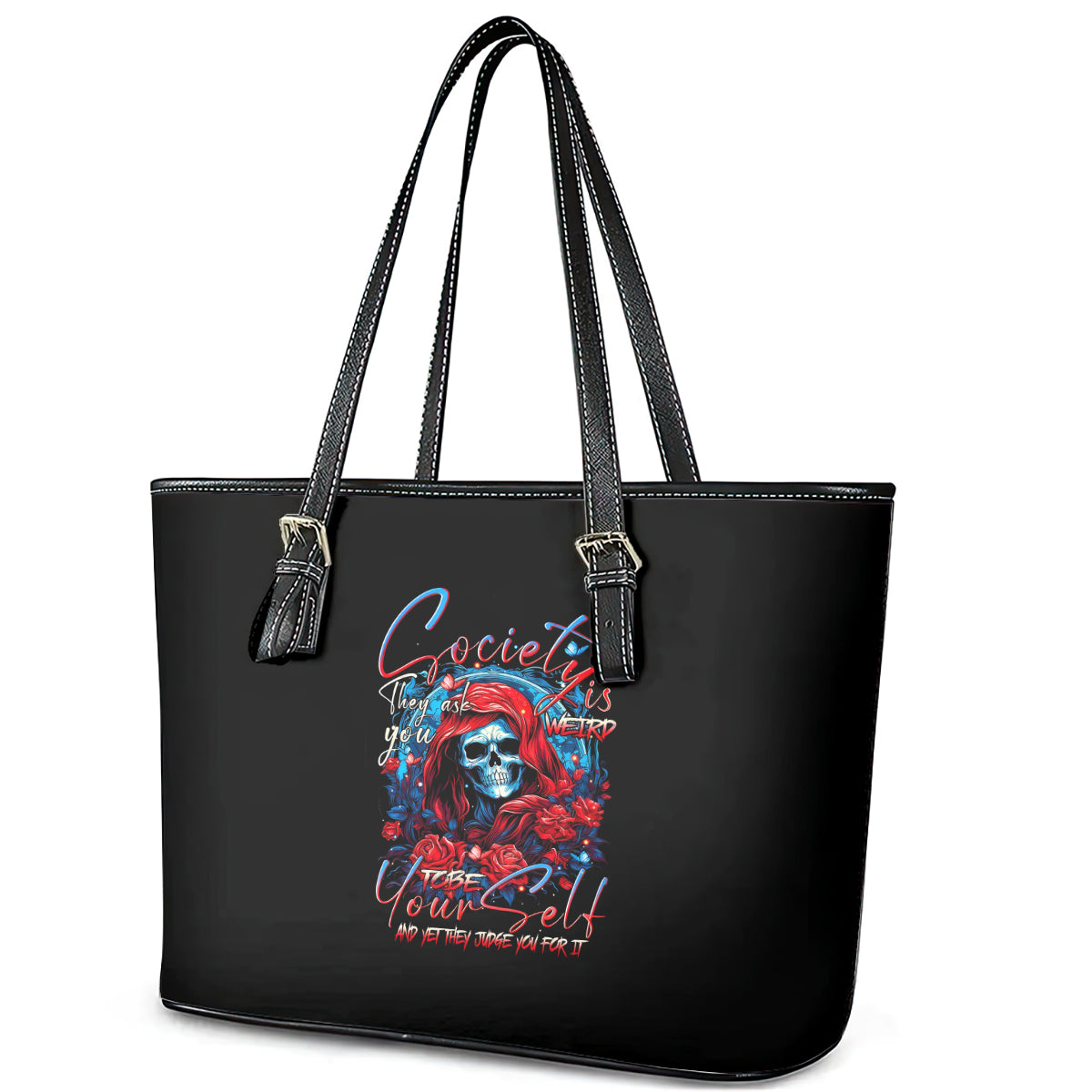 Lady Skull Leather Tote Bag They Ask You To Be Yourself And Yet They Judge You - Wonder Print Shop