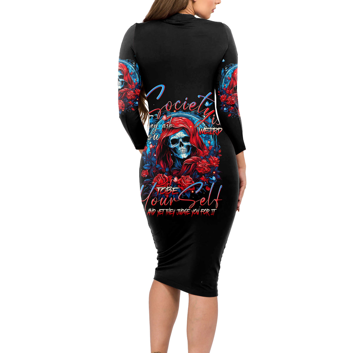 Lady Skull Long Sleeve Bodycon Dress They Ask You To Be Yourself And Yet They Judge You - Wonder Print Shop
