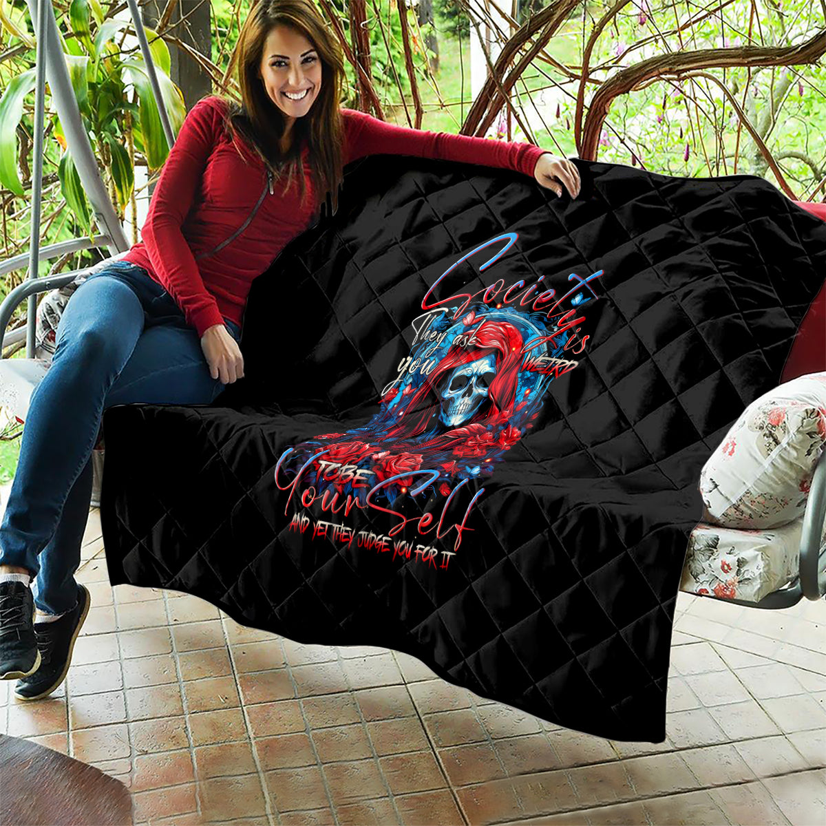 Lady Skull Quilt They Ask You To Be Yourself And Yet They Judge You - Wonder Print Shop