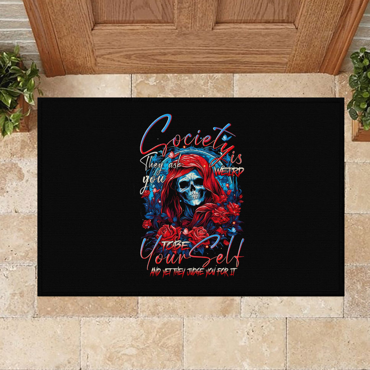 Lady Skull Rubber Doormat They Ask You To Be Yourself And Yet They Judge You - Wonder Print Shop