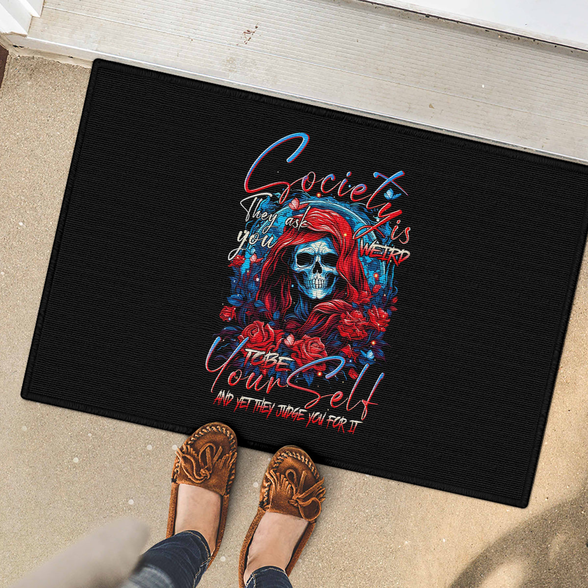 Lady Skull Rubber Doormat They Ask You To Be Yourself And Yet They Judge You - Wonder Print Shop