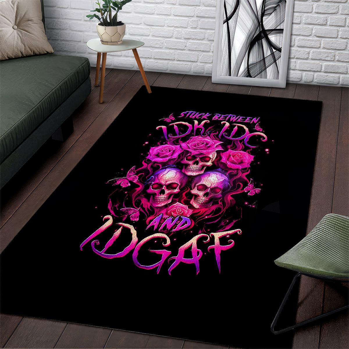 Three Rose Skull Area Rug Stuck Between Idk Idc And Idgaf - Wonder Print Shop