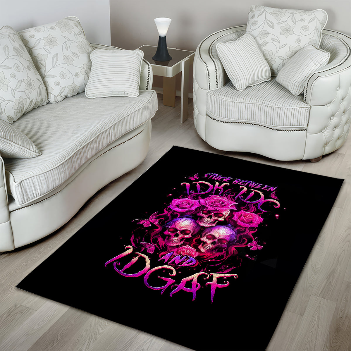 Three Rose Skull Area Rug Stuck Between Idk Idc And Idgaf - Wonder Print Shop