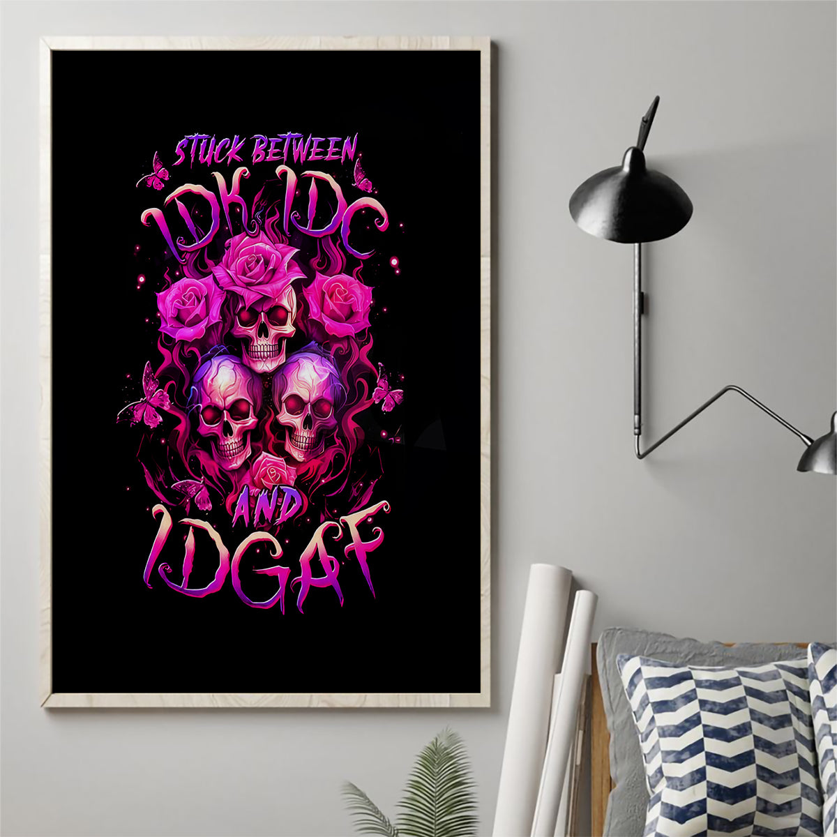 Three Rose Skull Canvas Wall Art Stuck Between Idk Idc And Idgaf - Wonder Print Shop