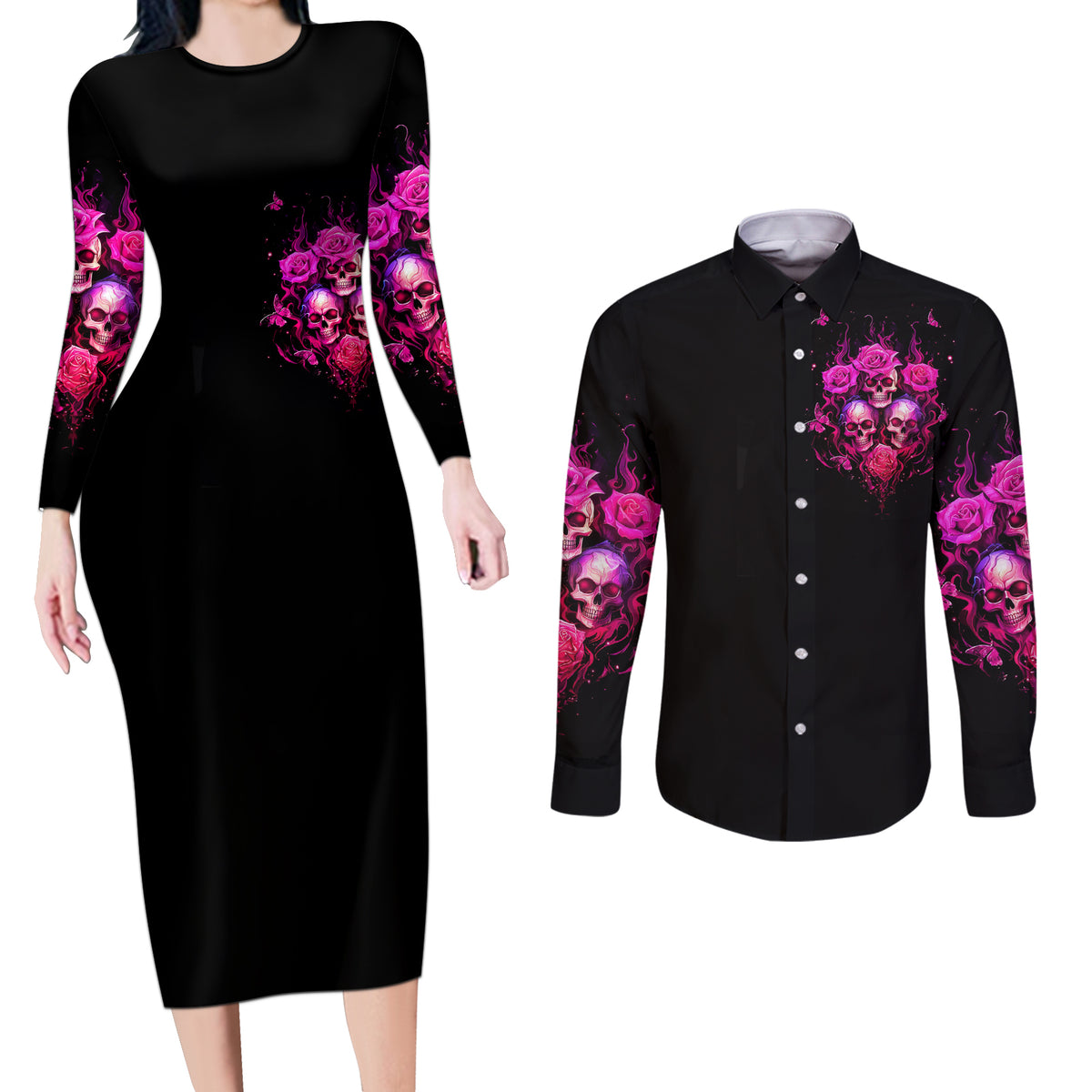 Three Rose Skull Couples Matching Long Sleeve Bodycon Dress and Long Sleeve Button Shirt Stuck Between Idk Idc And Idgaf - Wonder Print Shop