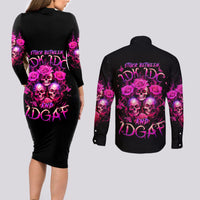 Three Rose Skull Couples Matching Long Sleeve Bodycon Dress and Long Sleeve Button Shirt Stuck Between Idk Idc And Idgaf - Wonder Print Shop