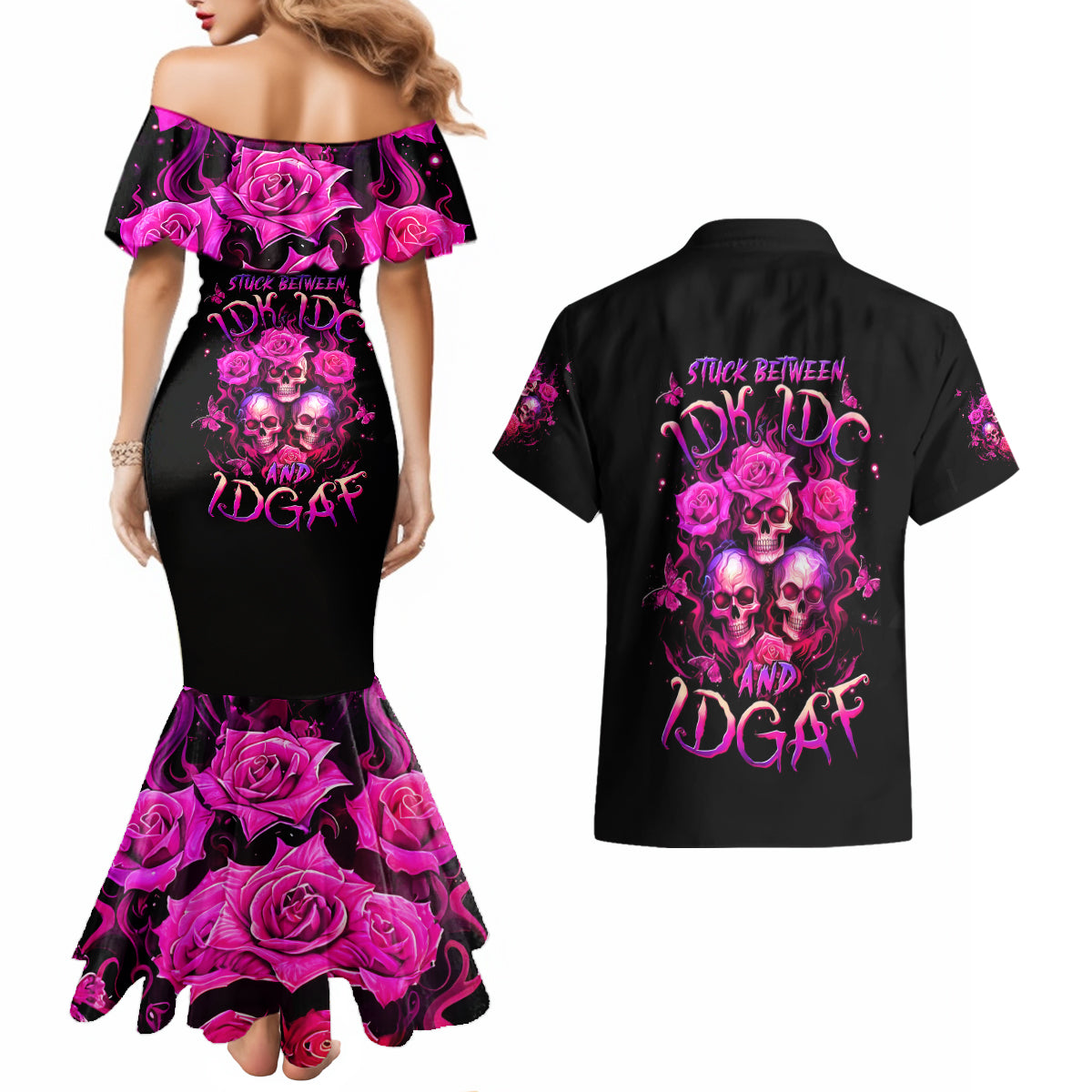 Three Rose Skull Couples Matching Mermaid Dress and Hawaiian Shirt Stuck Between Idk Idc And Idgaf - Wonder Print Shop