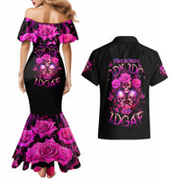 Three Rose Skull Couples Matching Mermaid Dress and Hawaiian Shirt Stuck Between Idk Idc And Idgaf - Wonder Print Shop