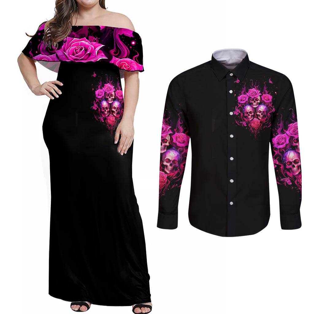Three Rose Skull Couples Matching Off Shoulder Maxi Dress and Long Sleeve Button Shirt Stuck Between Idk Idc And Idgaf - Wonder Print Shop