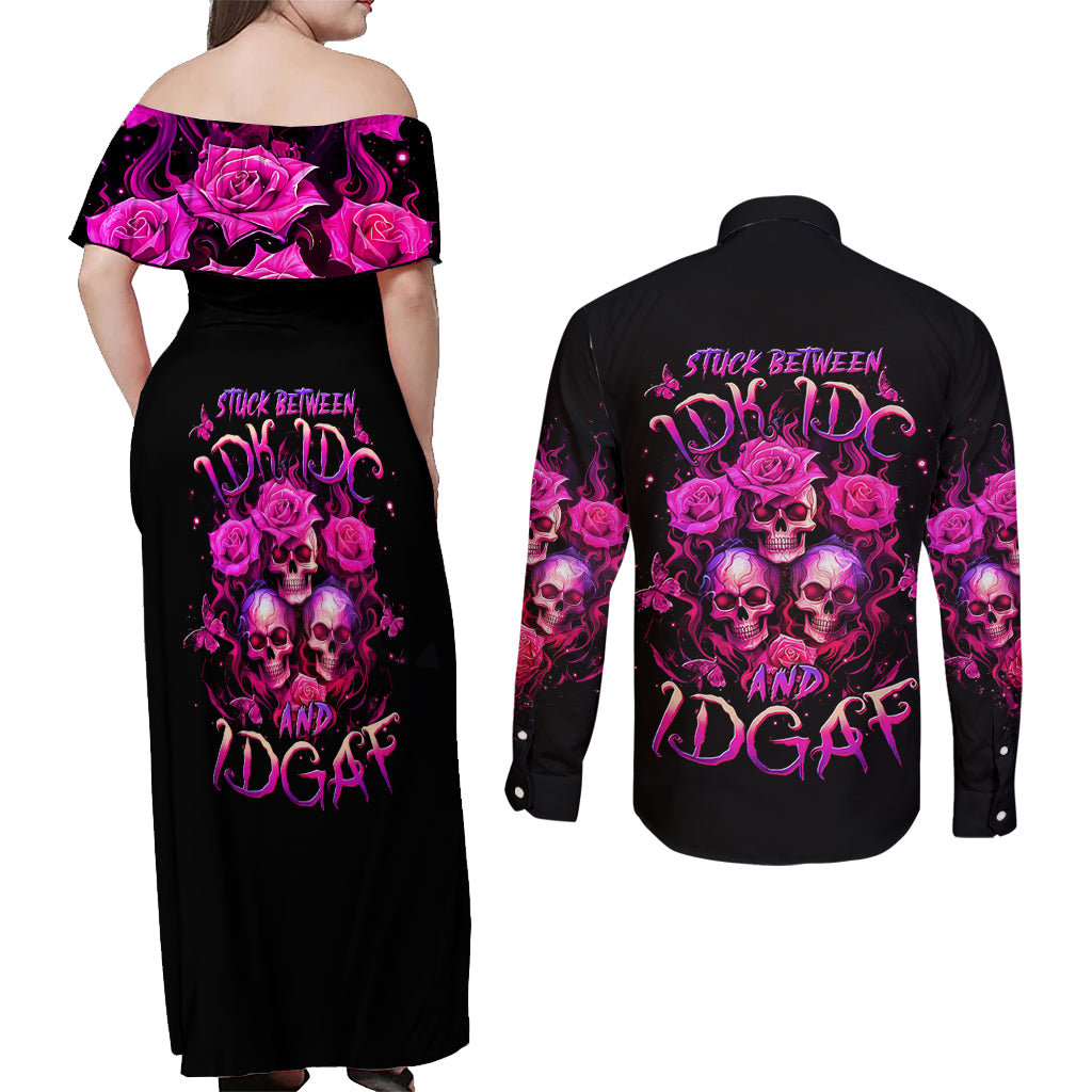Three Rose Skull Couples Matching Off Shoulder Maxi Dress and Long Sleeve Button Shirt Stuck Between Idk Idc And Idgaf - Wonder Print Shop