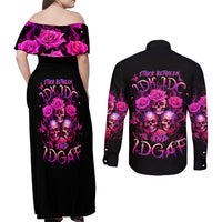 Three Rose Skull Couples Matching Off Shoulder Maxi Dress and Long Sleeve Button Shirt Stuck Between Idk Idc And Idgaf - Wonder Print Shop