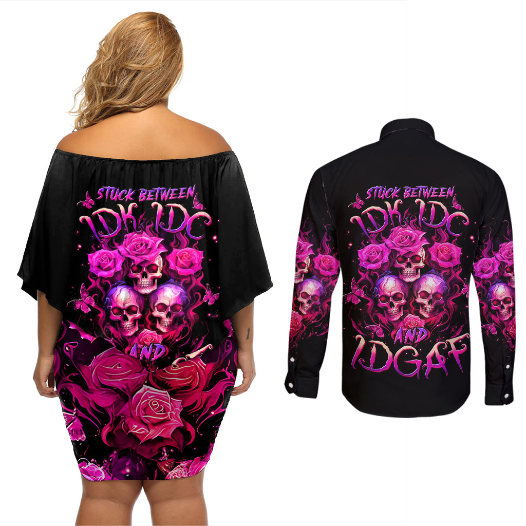 Three Rose Skull Couples Matching Off Shoulder Short Dress and Long Sleeve Button Shirt Stuck Between Idk Idc And Idgaf - Wonder Print Shop