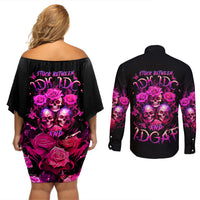 Three Rose Skull Couples Matching Off Shoulder Short Dress and Long Sleeve Button Shirt Stuck Between Idk Idc And Idgaf - Wonder Print Shop