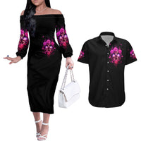Three Rose Skull Couples Matching Off The Shoulder Long Sleeve Dress and Hawaiian Shirt Stuck Between Idk Idc And Idgaf - Wonder Print Shop