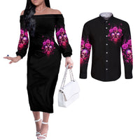 Three Rose Skull Couples Matching Off The Shoulder Long Sleeve Dress and Long Sleeve Button Shirt Stuck Between Idk Idc And Idgaf DT01