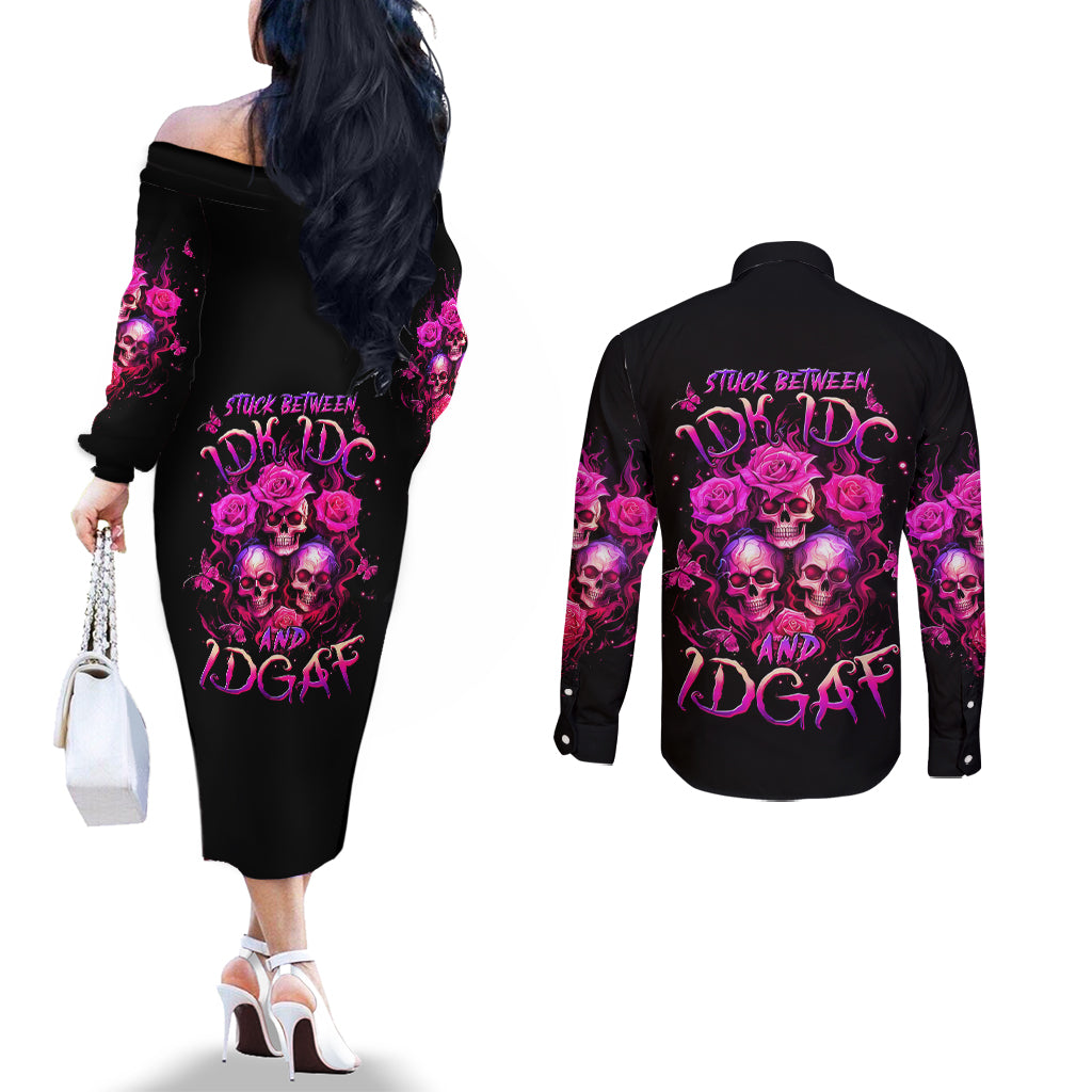 Three Rose Skull Couples Matching Off The Shoulder Long Sleeve Dress and Long Sleeve Button Shirt Stuck Between Idk Idc And Idgaf DT01