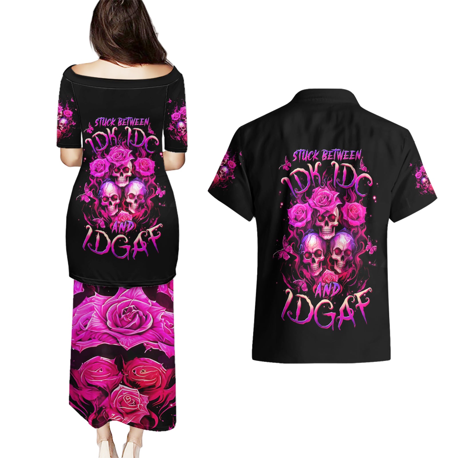 Three Rose Skull Couples Matching Puletasi Dress and Hawaiian Shirt Stuck Between Idk Idc And Idgaf - Wonder Print Shop