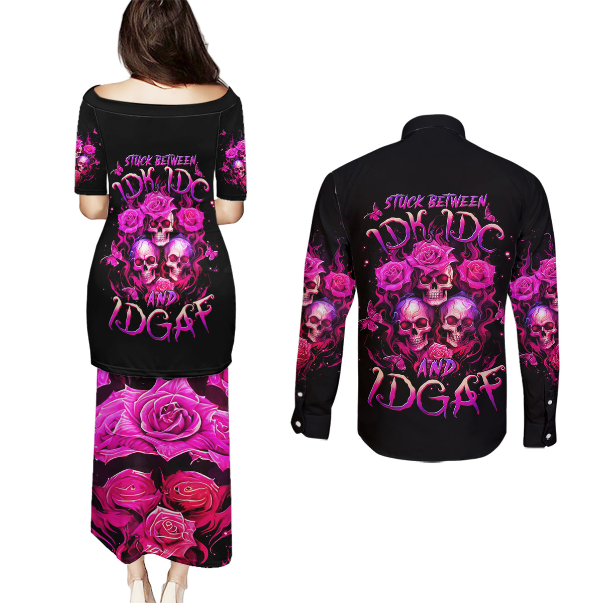 Three Rose Skull Couples Matching Puletasi Dress and Long Sleeve Button Shirt Stuck Between Idk Idc And Idgaf - Wonder Print Shop
