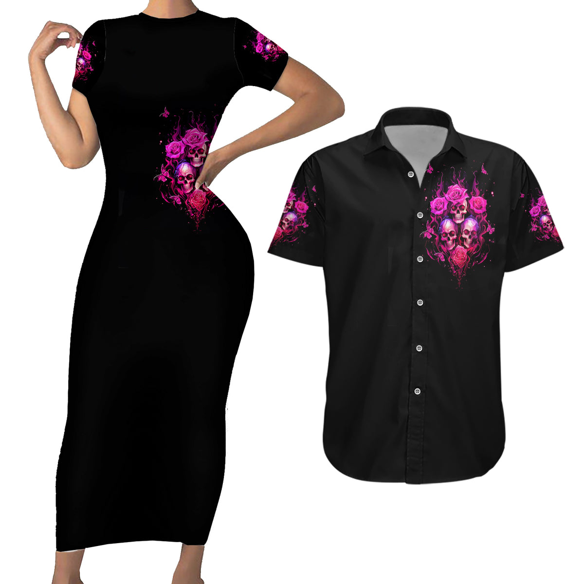 Three Rose Skull Couples Matching Short Sleeve Bodycon Dress and Hawaiian Shirt Stuck Between Idk Idc And Idgaf - Wonder Print Shop
