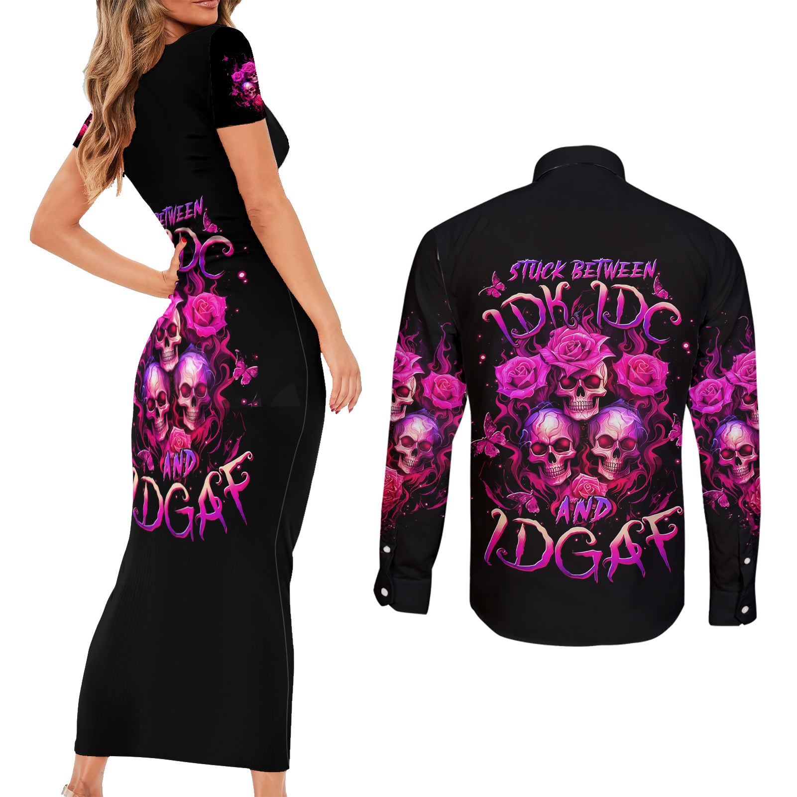 Three Rose Skull Couples Matching Short Sleeve Bodycon Dress and Long Sleeve Button Shirt Stuck Between Idk Idc And Idgaf - Wonder Print Shop