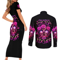 Three Rose Skull Couples Matching Short Sleeve Bodycon Dress and Long Sleeve Button Shirt Stuck Between Idk Idc And Idgaf - Wonder Print Shop