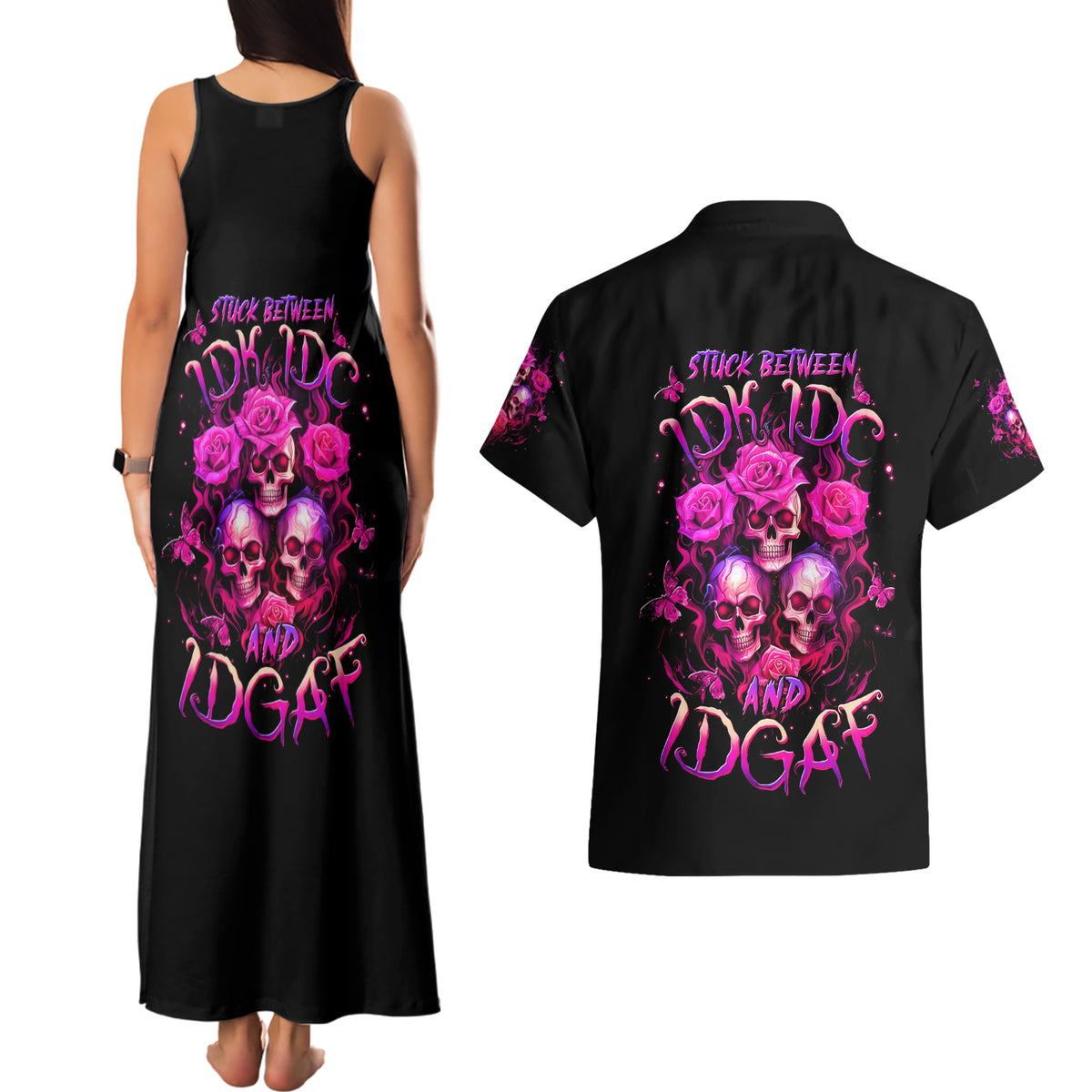Three Rose Skull Couples Matching Tank Maxi Dress and Hawaiian Shirt Stuck Between Idk Idc And Idgaf - Wonder Print Shop