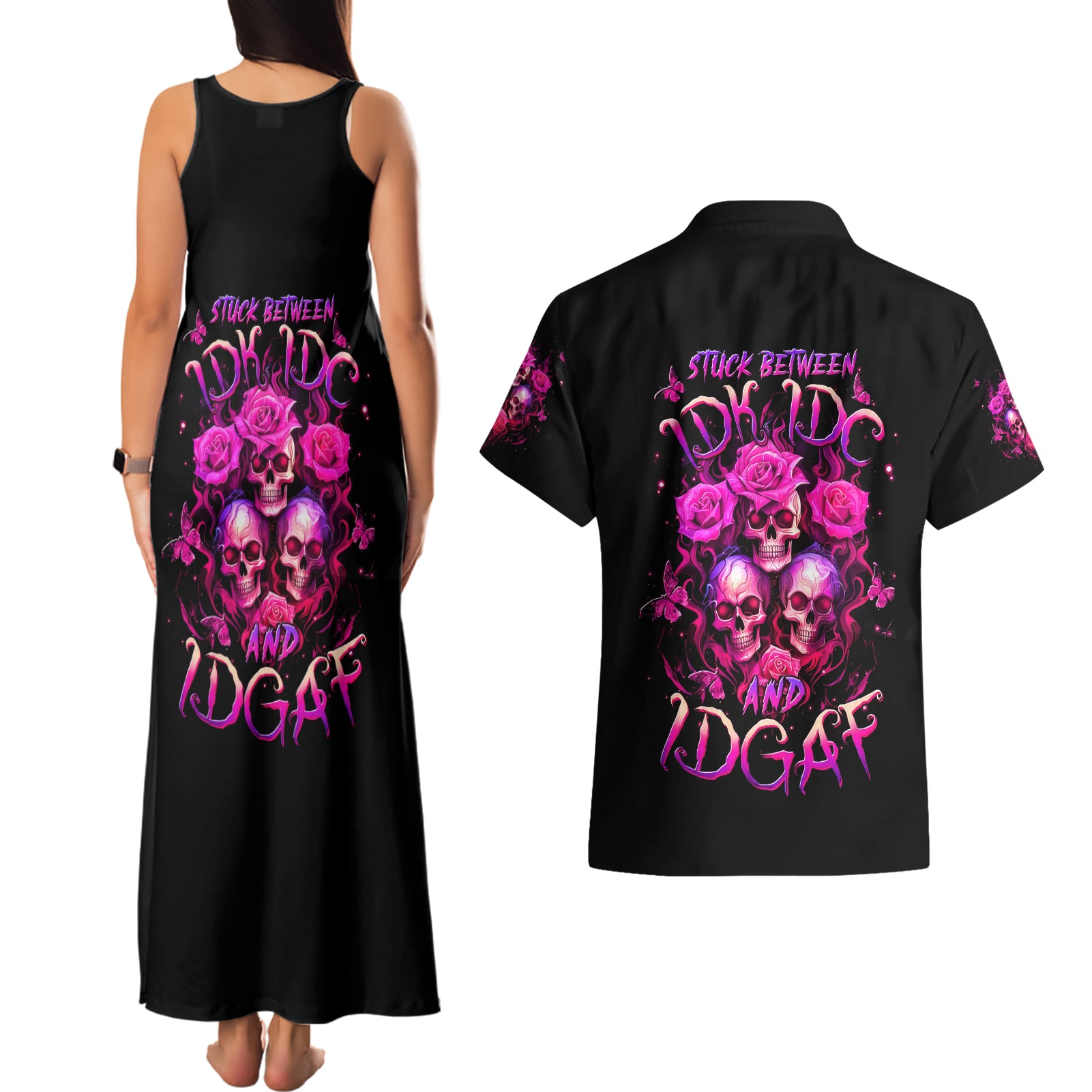 Three Rose Skull Couples Matching Tank Maxi Dress and Hawaiian Shirt Stuck Between Idk Idc And Idgaf - Wonder Print Shop