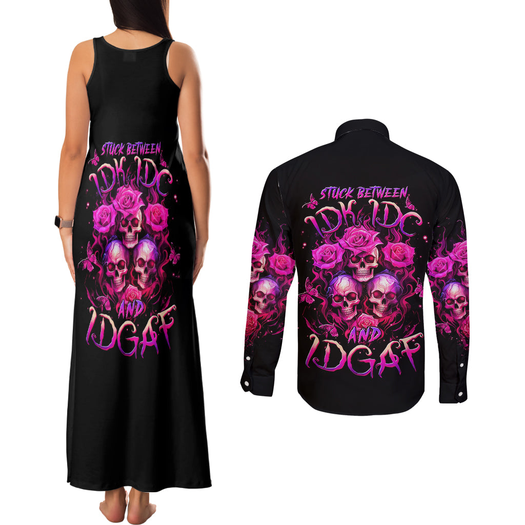 Three Rose Skull Couples Matching Tank Maxi Dress and Long Sleeve Button Shirt Stuck Between Idk Idc And Idgaf - Wonder Print Shop