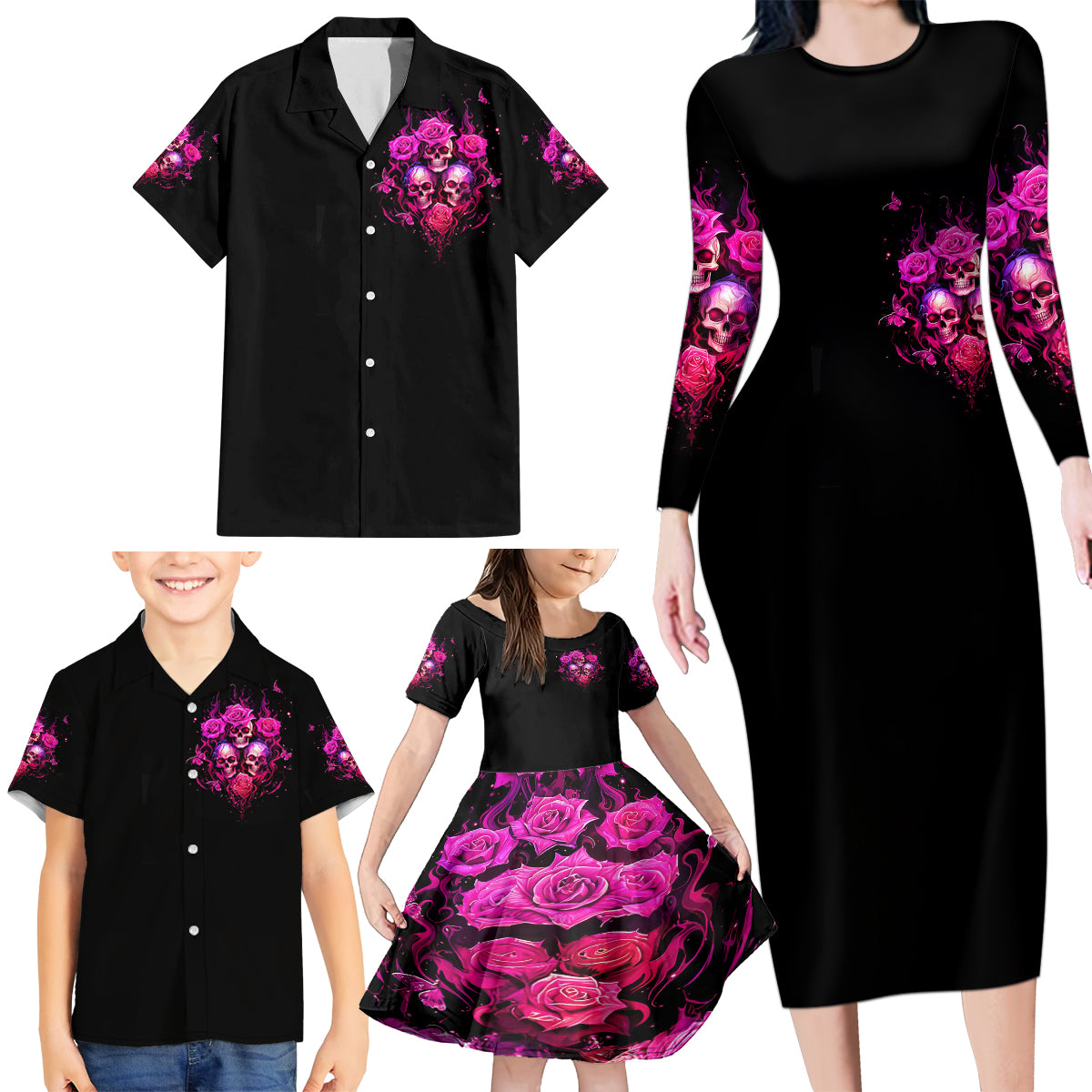Three Rose Skull Family Matching Long Sleeve Bodycon Dress and Hawaiian Shirt Stuck Between Idk Idc And Idgaf - Wonder Print Shop