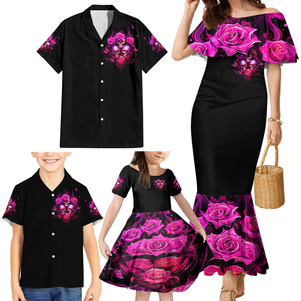 Three Rose Skull Family Matching Mermaid Dress and Hawaiian Shirt Stuck Between Idk Idc And Idgaf - Wonder Print Shop