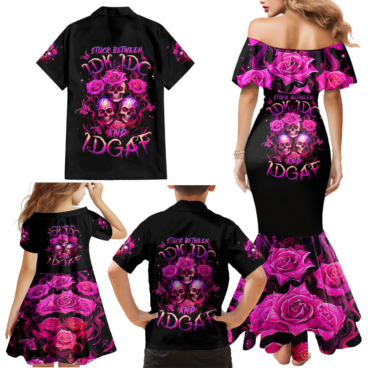 Three Rose Skull Family Matching Mermaid Dress and Hawaiian Shirt Stuck Between Idk Idc And Idgaf - Wonder Print Shop