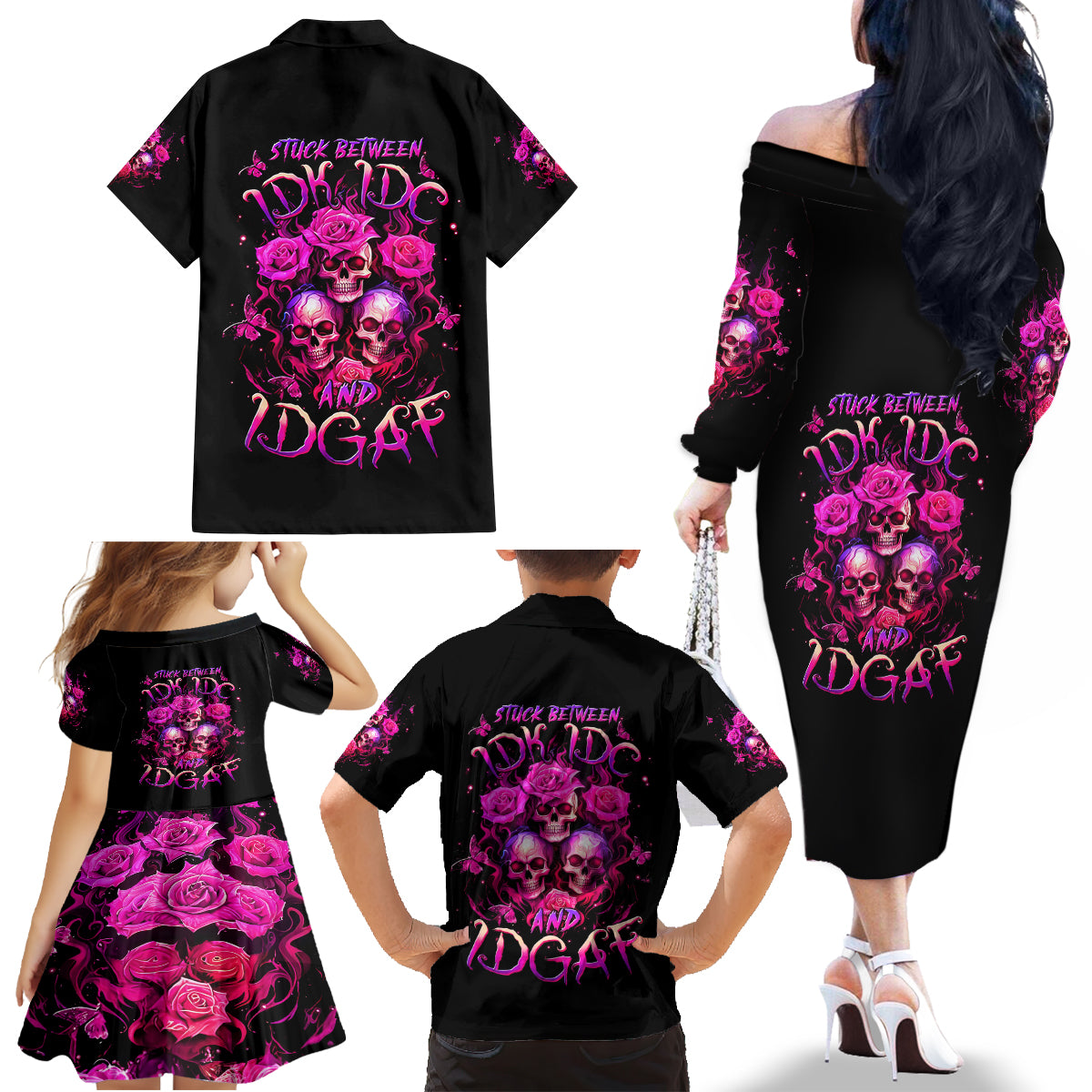 Three Rose Skull Family Matching Off Shoulder Long Sleeve Dress and Hawaiian Shirt Stuck Between Idk Idc And Idgaf - Wonder Print Shop